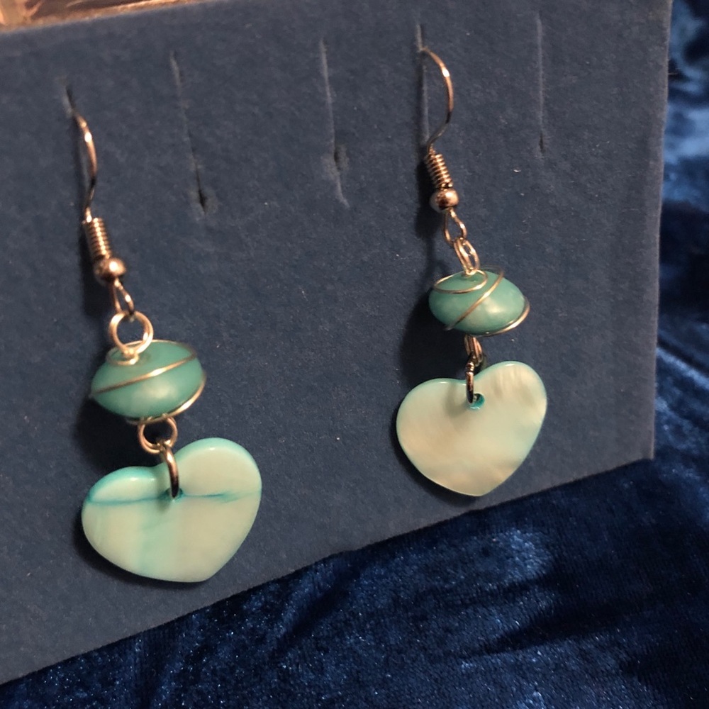 Blue heart iridescent charms and glass bead earrings